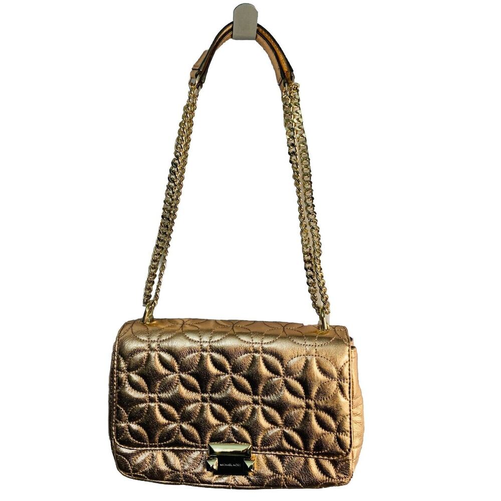 Michael Kors Sloan Gold Chain Quilted Leather New Shoulder Bag Rose Gold Shiny